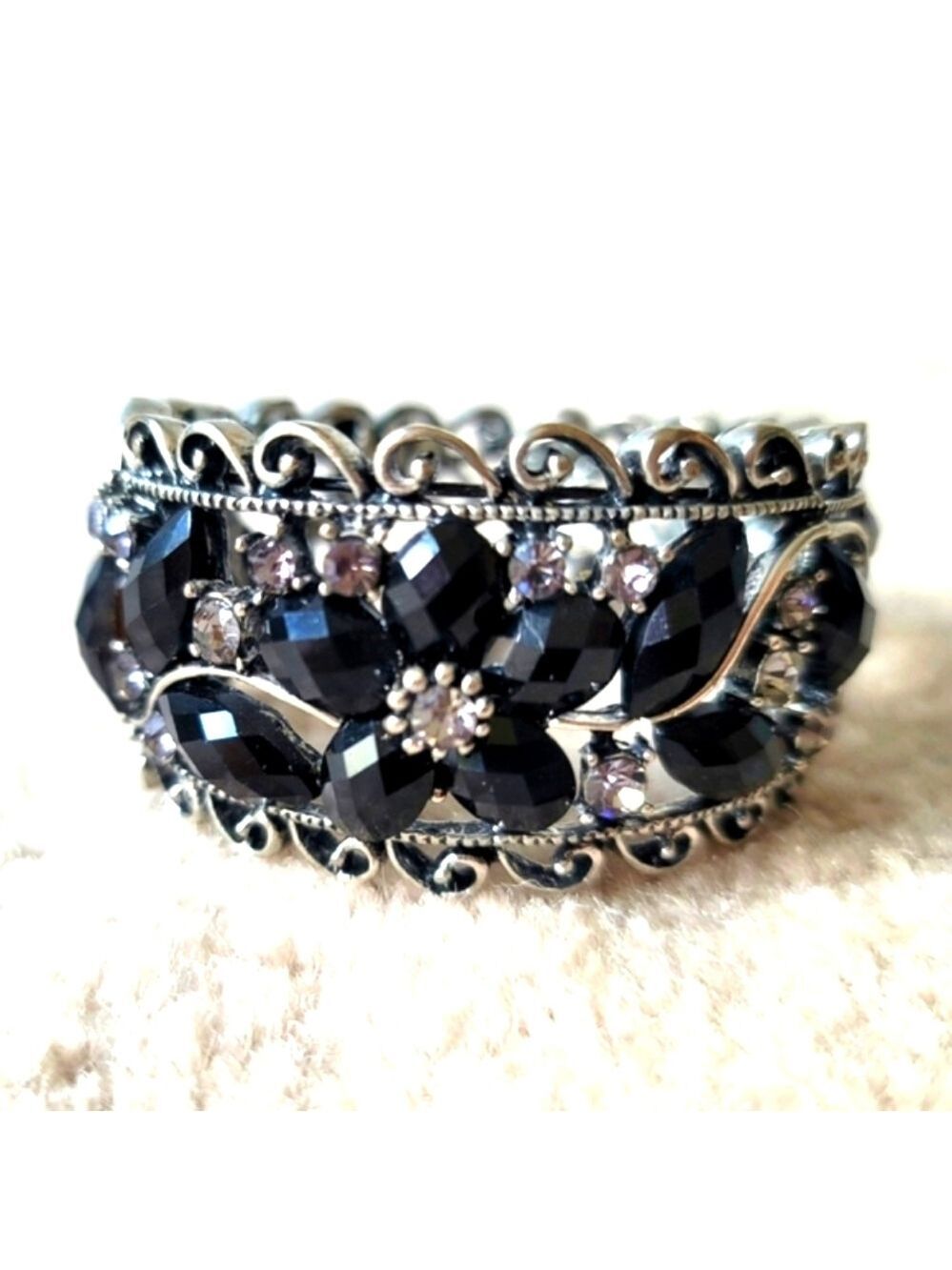 Vintage Silver Color Black Onyx and Crystal Cuff Bracelet
